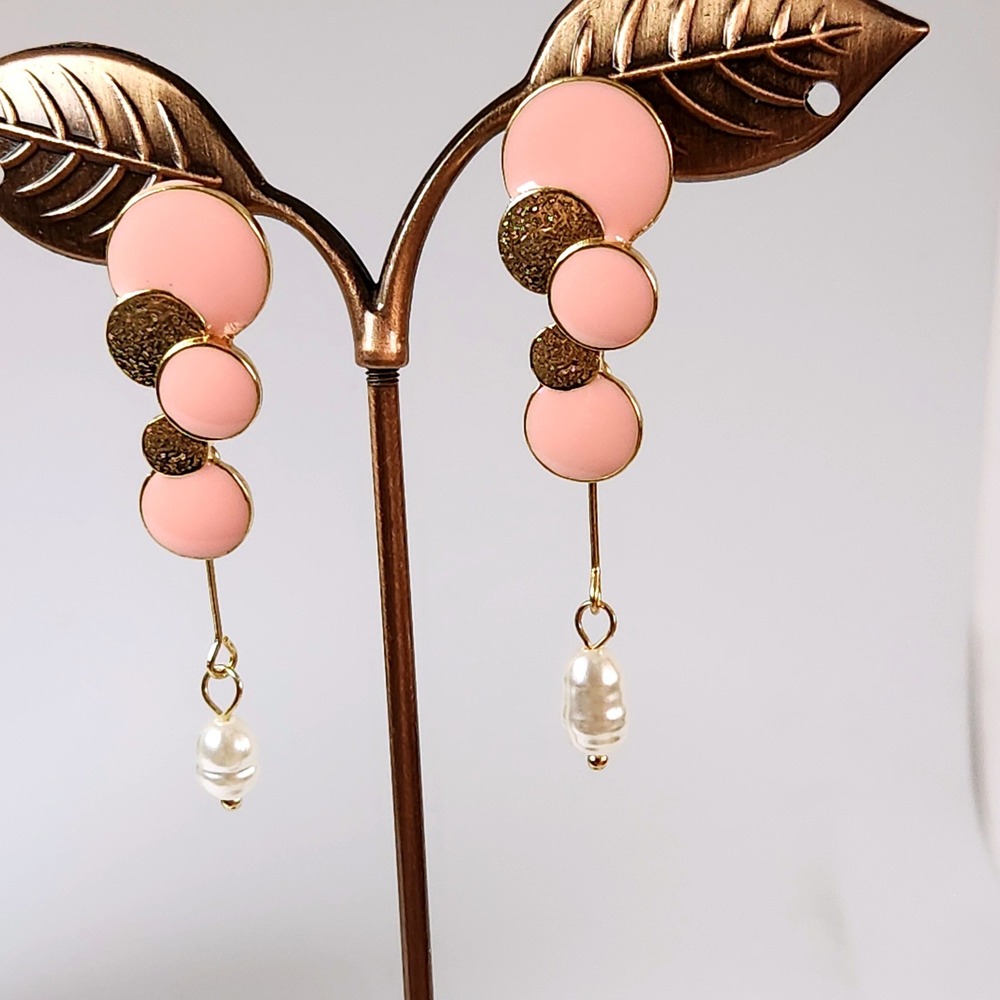 Pink Enamel Gold Tone Geometric Dangle Earrings w/ Faux Pearl Drop Post Back 2"